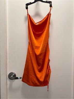 SHEIN Orange Satin Cowl Neck Mini Slip Dress